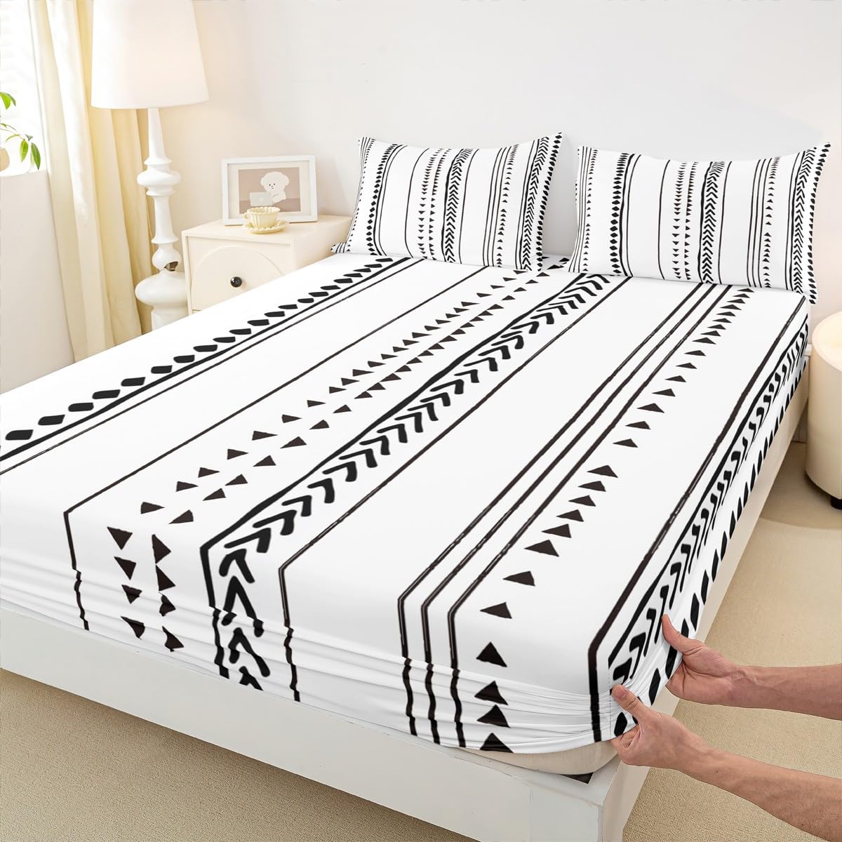 Erosebridal Boho Aztec Fitted Sheet King Size,Bohemian Geometric Stripe Bedding Sets for Kids Teens Adults,Black Simple Bed Sheet Set Soft Microfiber Sheet Set 3 Piece for Bedroom White