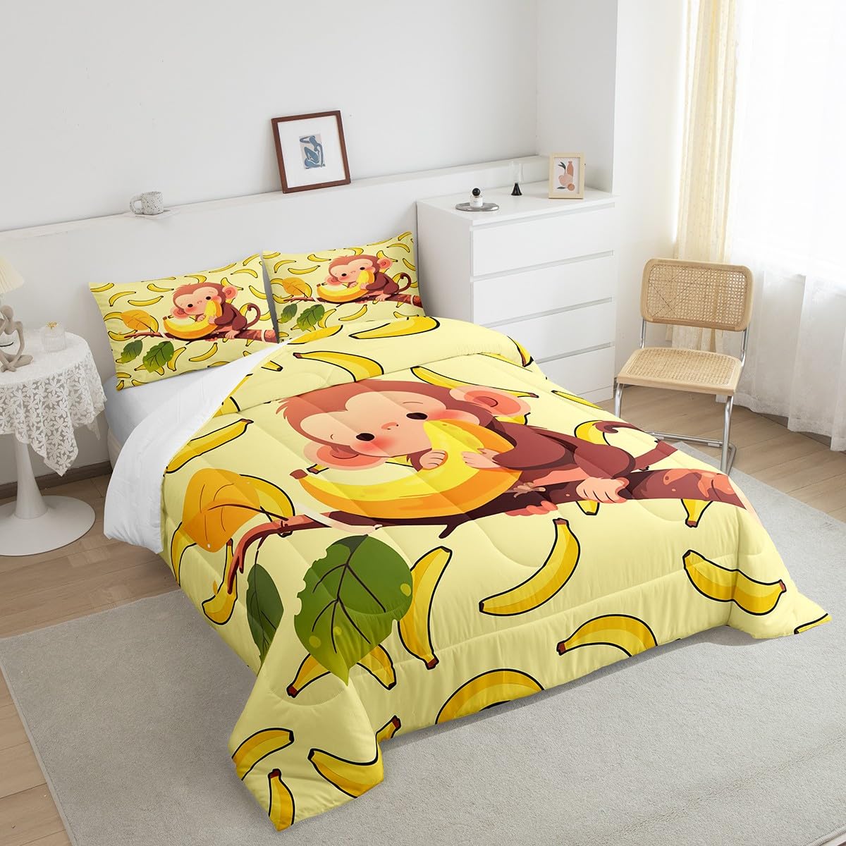 Feelyou Kids Monkey Comforter Cute Cartoon Zoo Animal Comforter Set Lovely Little Monkey Bedding Set for Boys Girls Children Bedroom Decor Nature Banana Duvet Set King Size with 2 Pillow Case