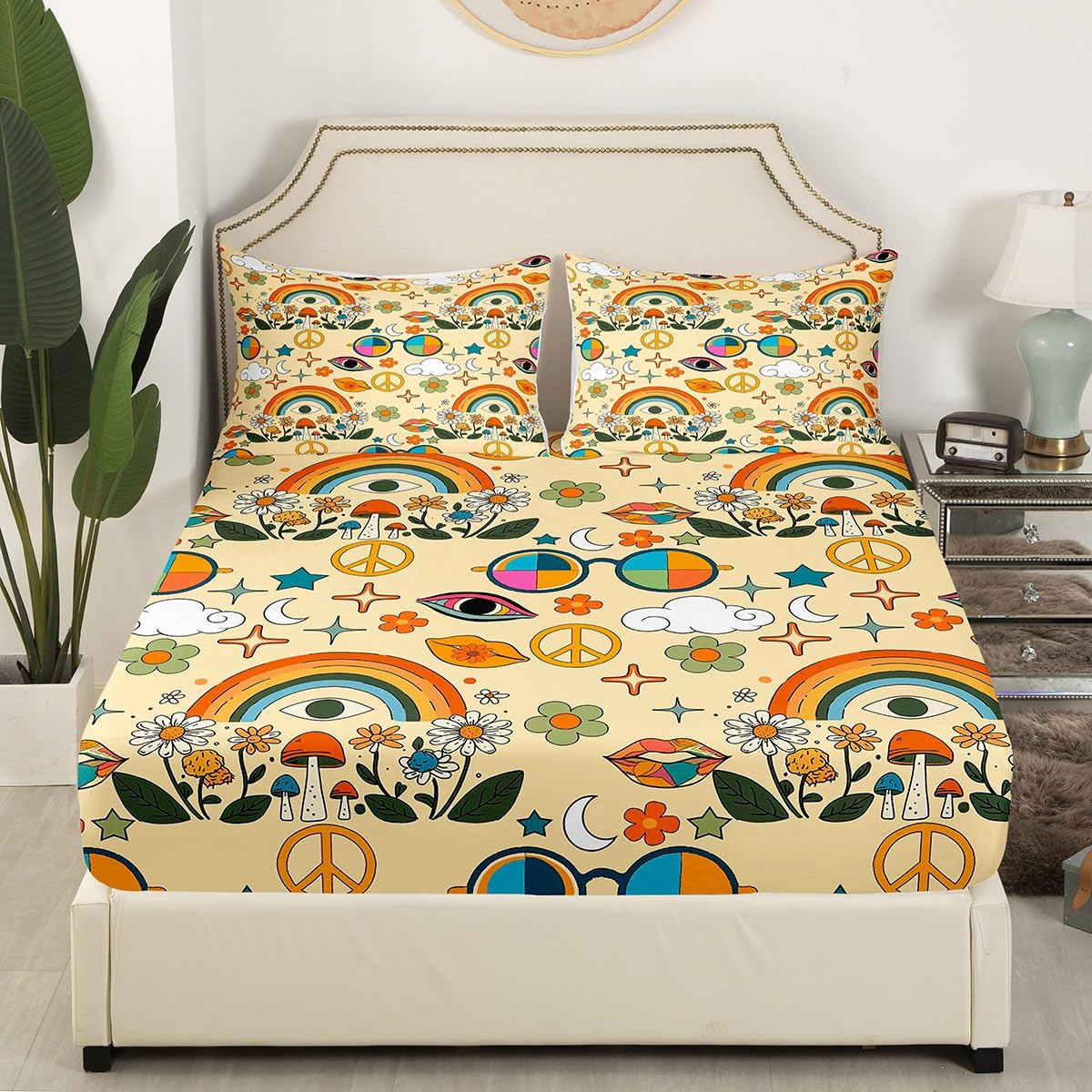 Castle Fairy Kids Retro 70s Hippie Style Bed Sheet Set King Size,Mushroom Bedding Set for Children Adult Present,Rainbow Floral Stars Moon Bedding (1 Fitted,1 Flat,2 Pillowcases), Microfiber