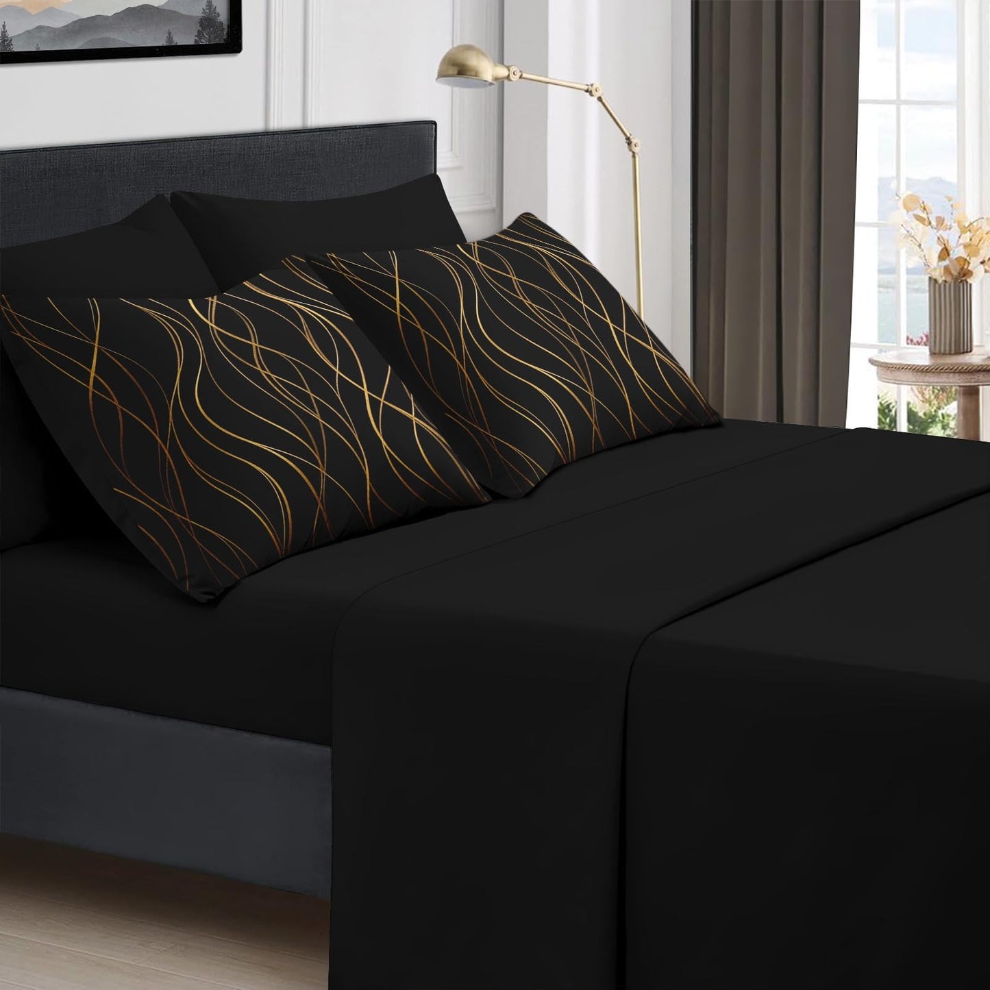 Boewywh Comforter Set Twin Size Gold Black Abstract 7 Pcs, Bedding for Kids and Adults, Bed Sheet Sets with Fitted Sheet 2 Pillowcases & 2 Shams for Bedroom Bed Decor