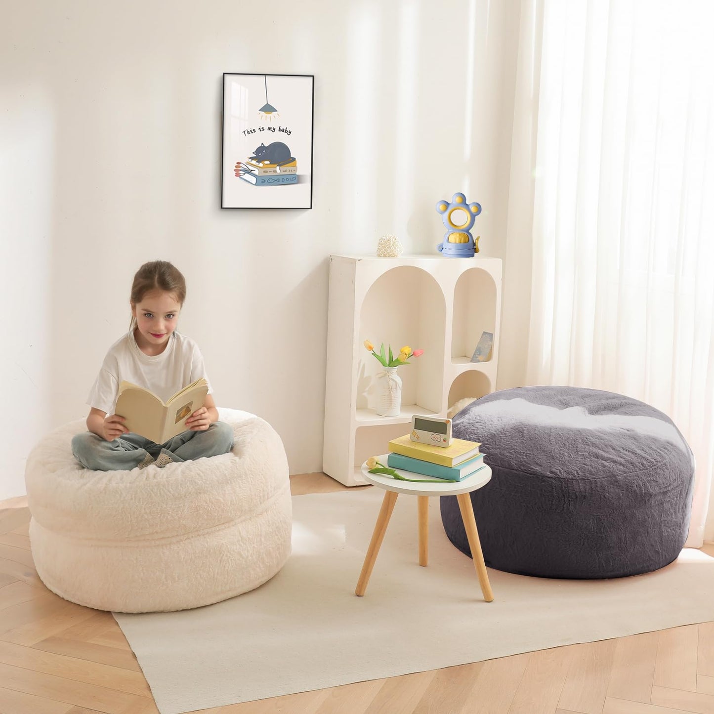 MAXYOYO Bean Bag Chair for Kids, Convertible Bean Bag Folds from Lazy Chair to Comfy Floor Sofa Couch, Stuffed Floor Sofa for Boys and Girls, High-Density Foam Filling, Dark Grey