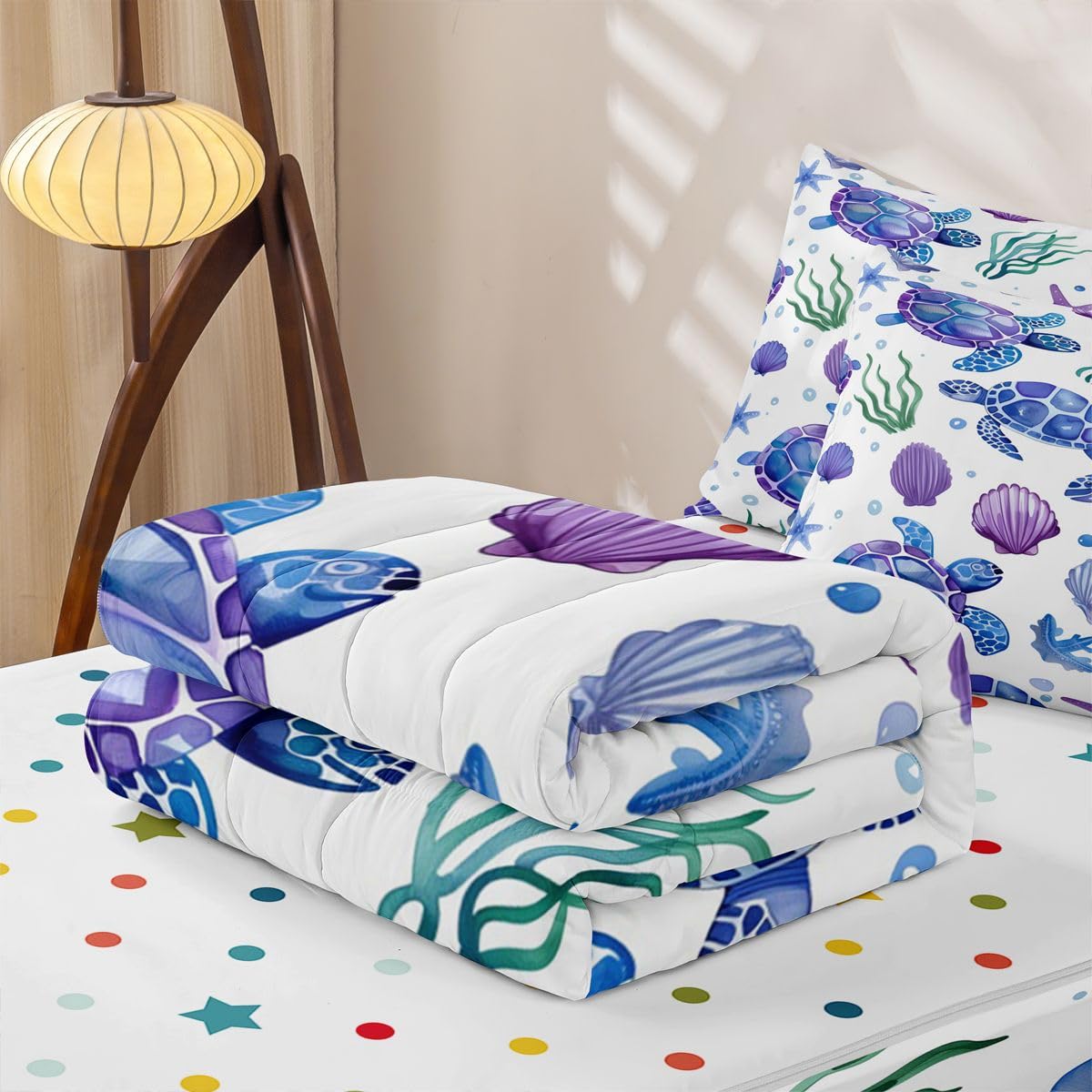 jejeloiu Sea Turtle Comforter Set Twin Size Zipper Bedding Set for Girls Boys Seaweed Comforter with Fitted Sheet, Pillowcases Ocean Creature Zipper Bedding Soft Breathable Underwater Bed in a Bag