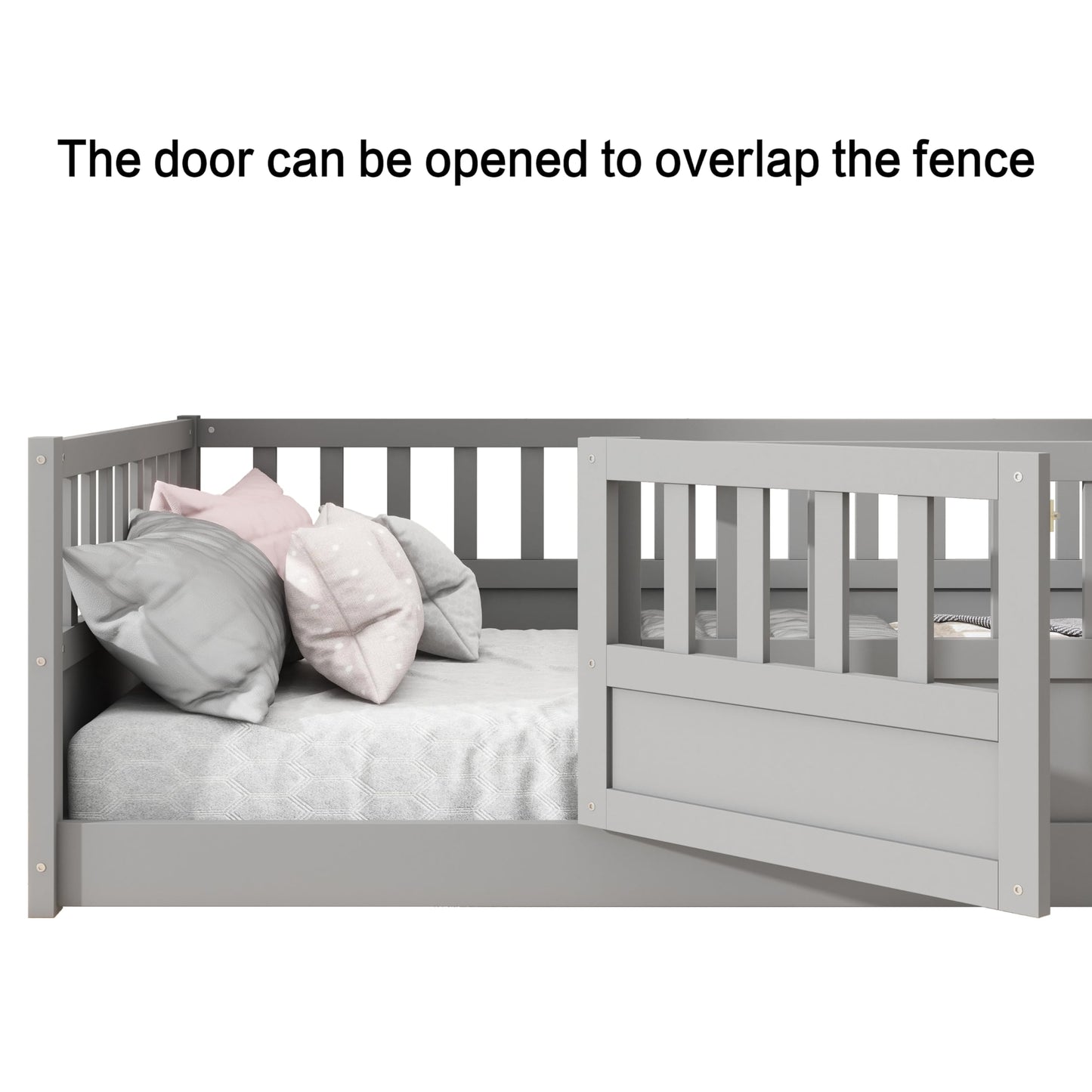 KEIKI Full Kids Floor Bed, Montessori Kids Floor Bedframe with Fence & Door, Children's Wood Bed for Living Room, Gray