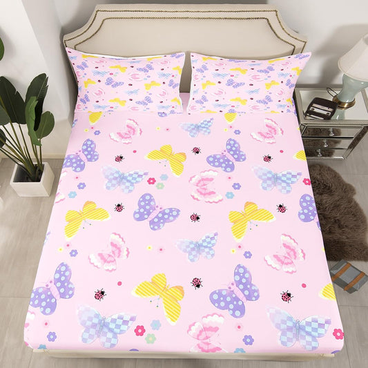 Feelyou Butterflies Fitted Sheet Twin Size for Kids Boys Girls Butterfly Printed Pattern Bed Sheets Set 16" Deep Pocket Cute Flowers Bedding with 1 Pillowcase Purple Blue Checked Room Decor