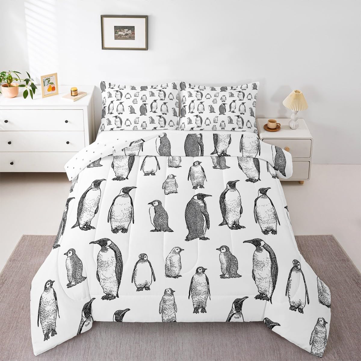 Erosebridal Penguin Comforter Set Twin Size, Antarctic Animal Down Comforter for Kids Boys Girls Children, Winter Theme Duvet Insert Penguin Sketch Quilted Duvet Bed Decorative, Grey White