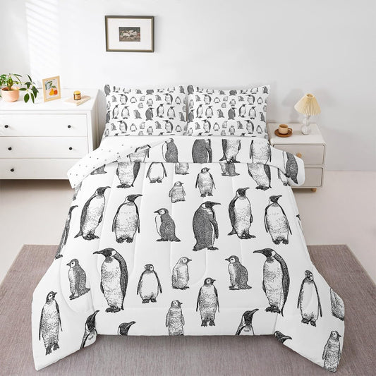 Erosebridal Penguin Comforter Set Twin Size, Antarctic Animal Down Comforter for Kids Boys Girls Children, Winter Theme Duvet Insert Penguin Sketch Quilted Duvet Bed Decorative, Grey White