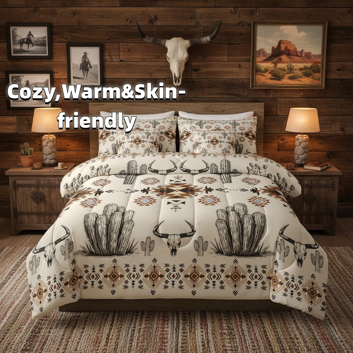 Erosebridal Western Aztec Bedding Set King Rustic Country Southwestern Comforter Set 7 Piece Boho Tribal Geometric Ethnic Bull Skull Bed in A Bag Vintage Native American Quilt with Flat Fitted Sheet