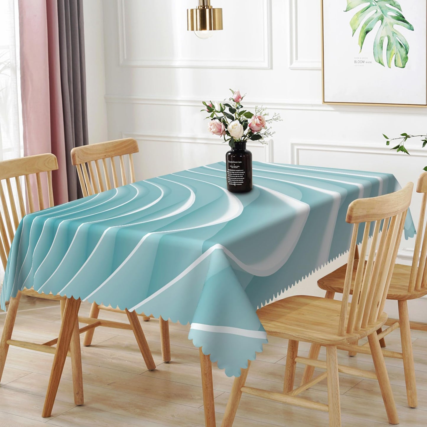 TTQYFNM 52x70inches Abstract 3D Wave Pattern Tablecloth Modern Geometric Gradient Turquoise White Table Covers Waterproof Durable Polyester Fabric Table Cloth for Dining Room Living Room Home Decor