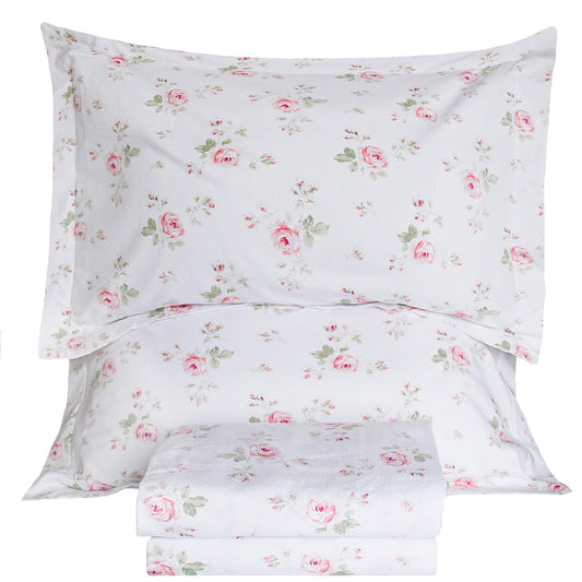 QSH Floral Queen Size Sheet Sets - Shabby Vintage Chic Rose Flower 100% Cotton Printed Bedding Sheets Queen Size Bed Extra Soft and Breathable 4pcs Queen Deep Pocket Sheet Set
