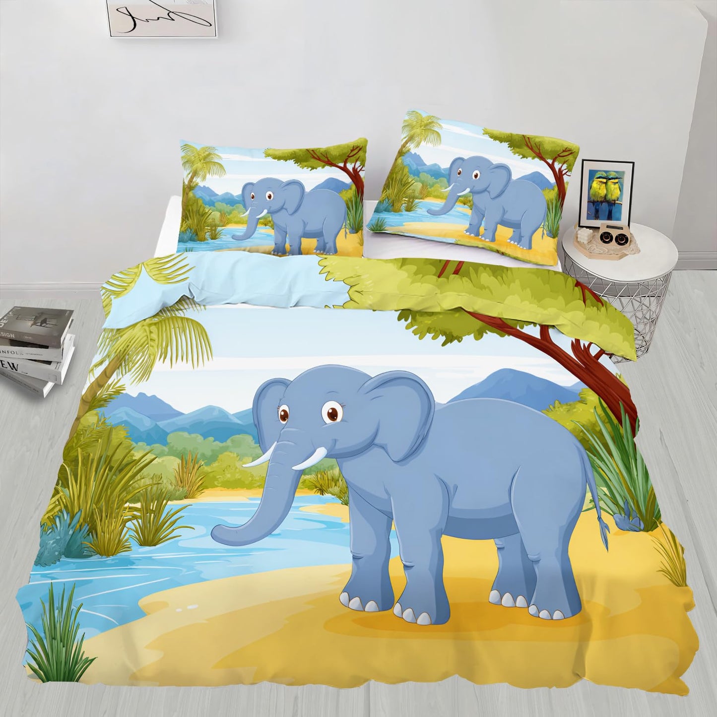 Cartoon Elephant Duvet Cover Set 3 Pieces Soft Microfiber Reversible Bedding for Boys Girls, Tropical Landscape Palm Tree Bedding Set Twin Size Kids Cute Animal Comforter Cover with 2 Pillowcases