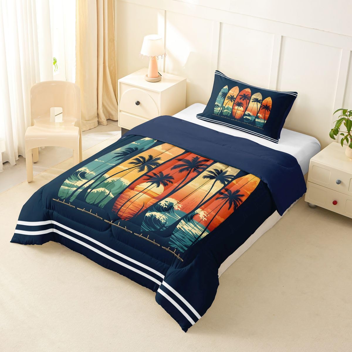 Erosebridal Surfboard Toddler Size Comforter Set Hawaiian Summer Surfing Room Decor Bedding Set Beach Sunset Palm Tree Bedding Comforter Sets,Retro Tropical Beachy Quilt 2 Pcs