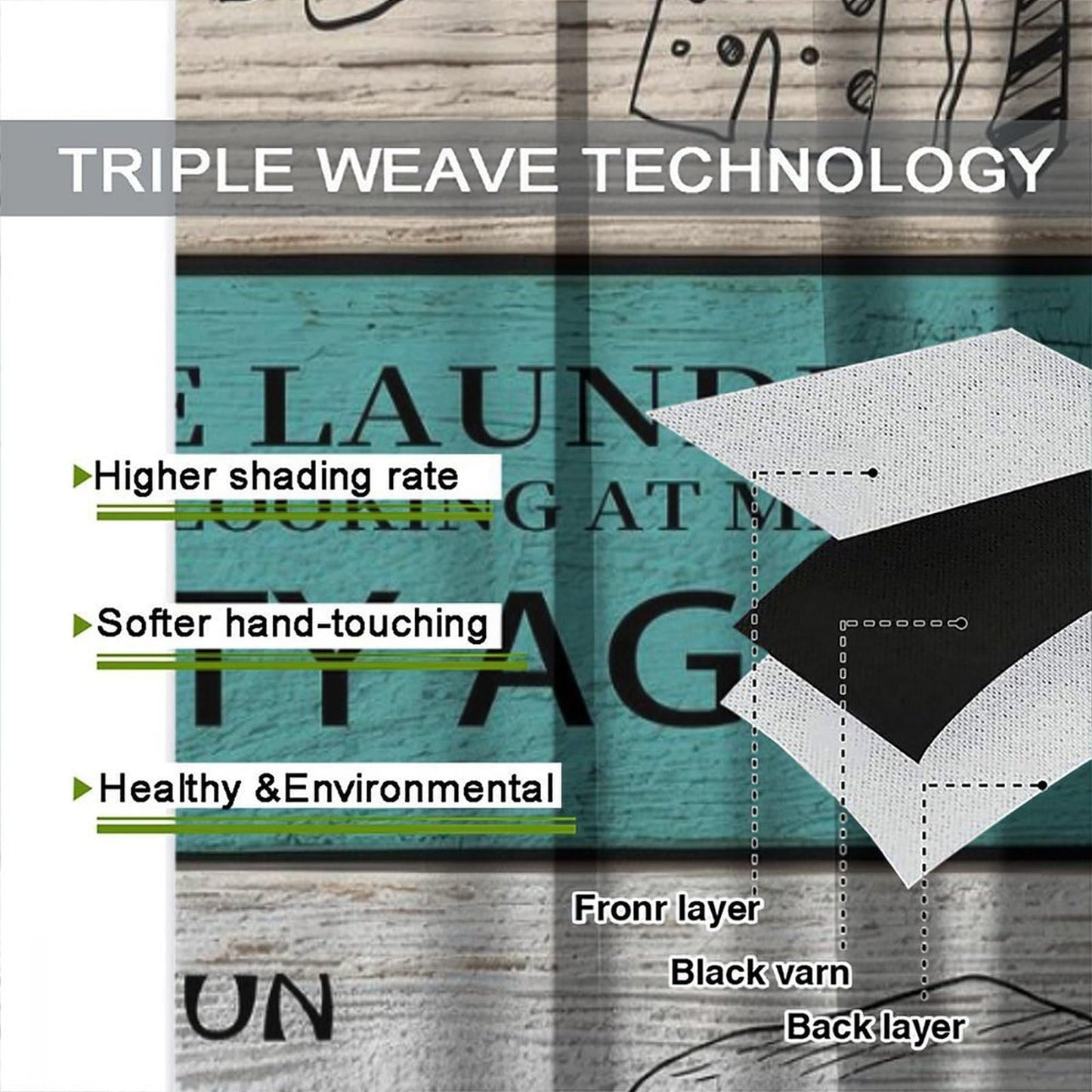 TYVGICZ Laundry Kitchen Curtain Rustic Wash Dry Words Wooden Teal Brown Funny Fun Small Short Window Treatment Tiers for Bedroom Living Room Bathroom Rod Pocket Drapes, 42x45 Inch