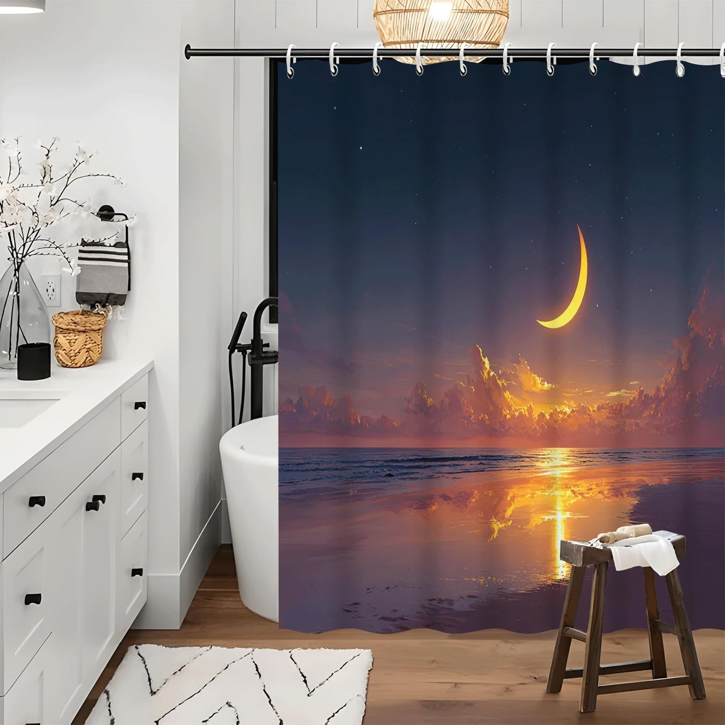 ZROLUW Moon Tropical Sea Shower Curtain 72" W x 72" L Nature Bathroom Decor Curtain with Hooks