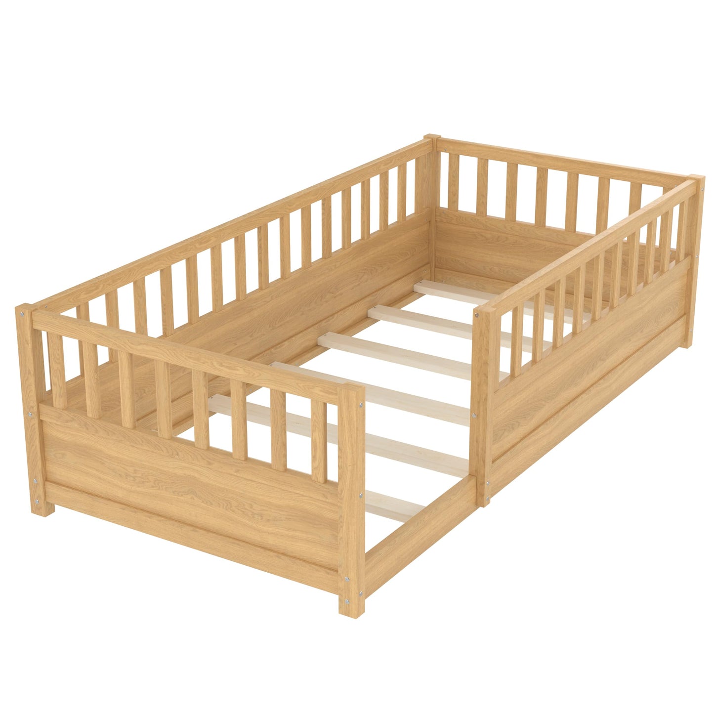 Leholume Twin Size Floor Bed with High Safety Guardrail - Solid Wood Low Profile Frame with Slats, Children's Floor Bed Frame, Easy Assembly for Kids, Natural