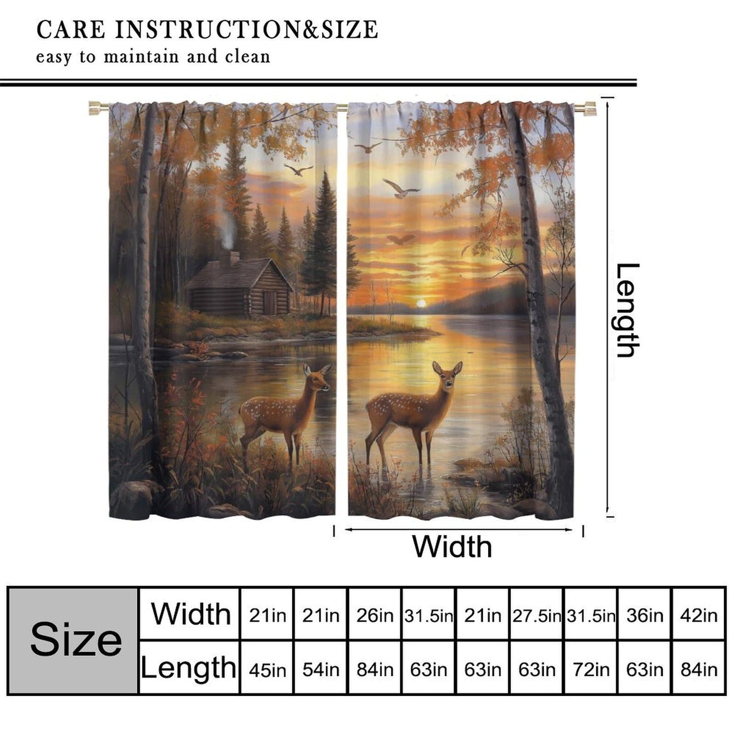 LOMADIA Wildlife Deer Blackout Curtains, Rustic Forest Sunset Lake Farmhouse Animal River Elk Pattern Drapes Home Window Treatments Curtain for Kitchen Bedroom Living Room Decor 42" W x 45" L