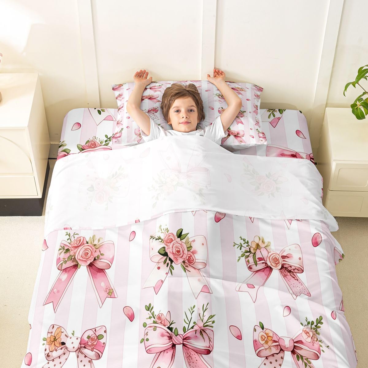 Erosebridal Kawaii Cute Bow Sheet Set Cartoon Bowknot Flowers Boho Twin Sheets Set for Young Boys,Pink White Geometric Stripes Bohemian Floral Bow Tie Fitted Sheet