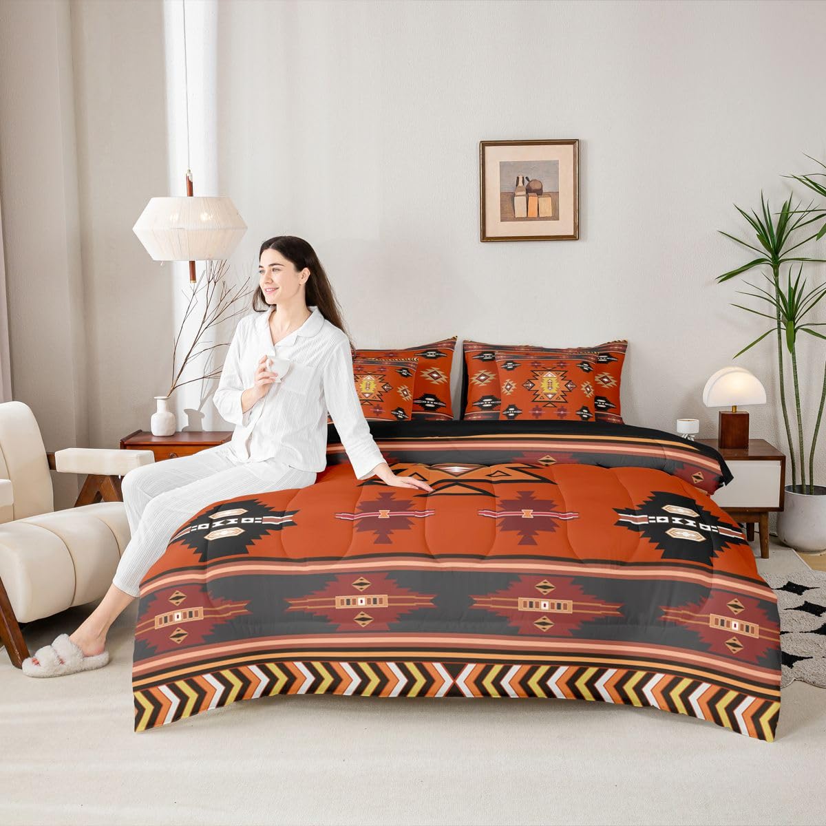 Erosebridal Western Twin Comforter Set with Sheets | Boho Decor Geometric 7 Piece Bedding Set Bohemian Aztec Bed in a Bag, Ethnic Tribal Arrow Room Decor,Red