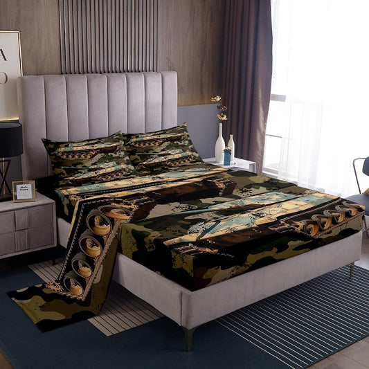 Boys Car Bed Sheet Set Camouflage Tank Cannon Fitted Sheet for Kids Children Military Vehicle Bedding Set Retro Camo Vintage Style Quilt Set 1 Fitted Sheet,1 Flat Sheet,2 pillowcases Full Size