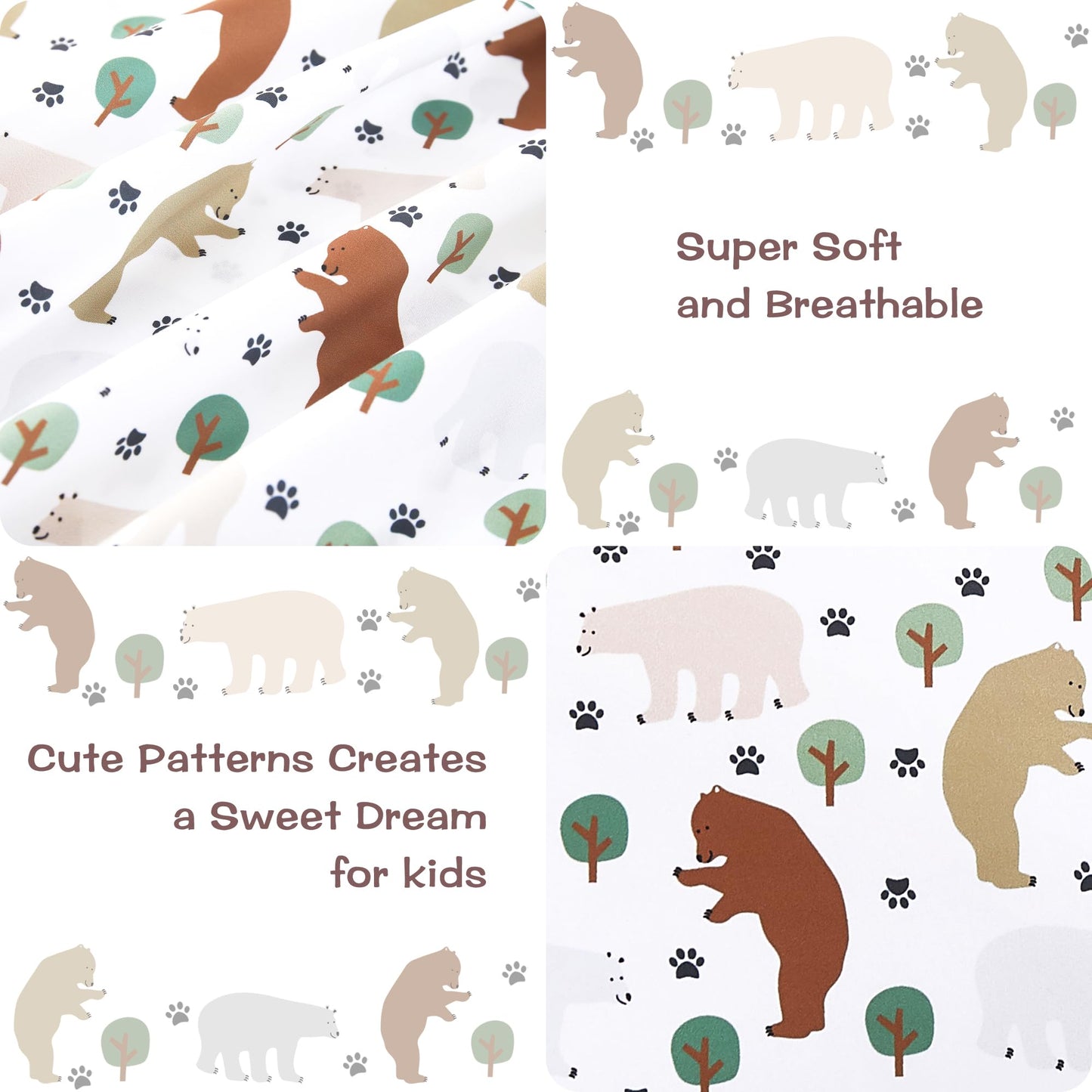 lasoftan Kids Sheet Set Twin Size, Twin Sheet Set with Forest Bear Pattern，Breathable Silky Soft Microfiber Kids Fitted Sheet