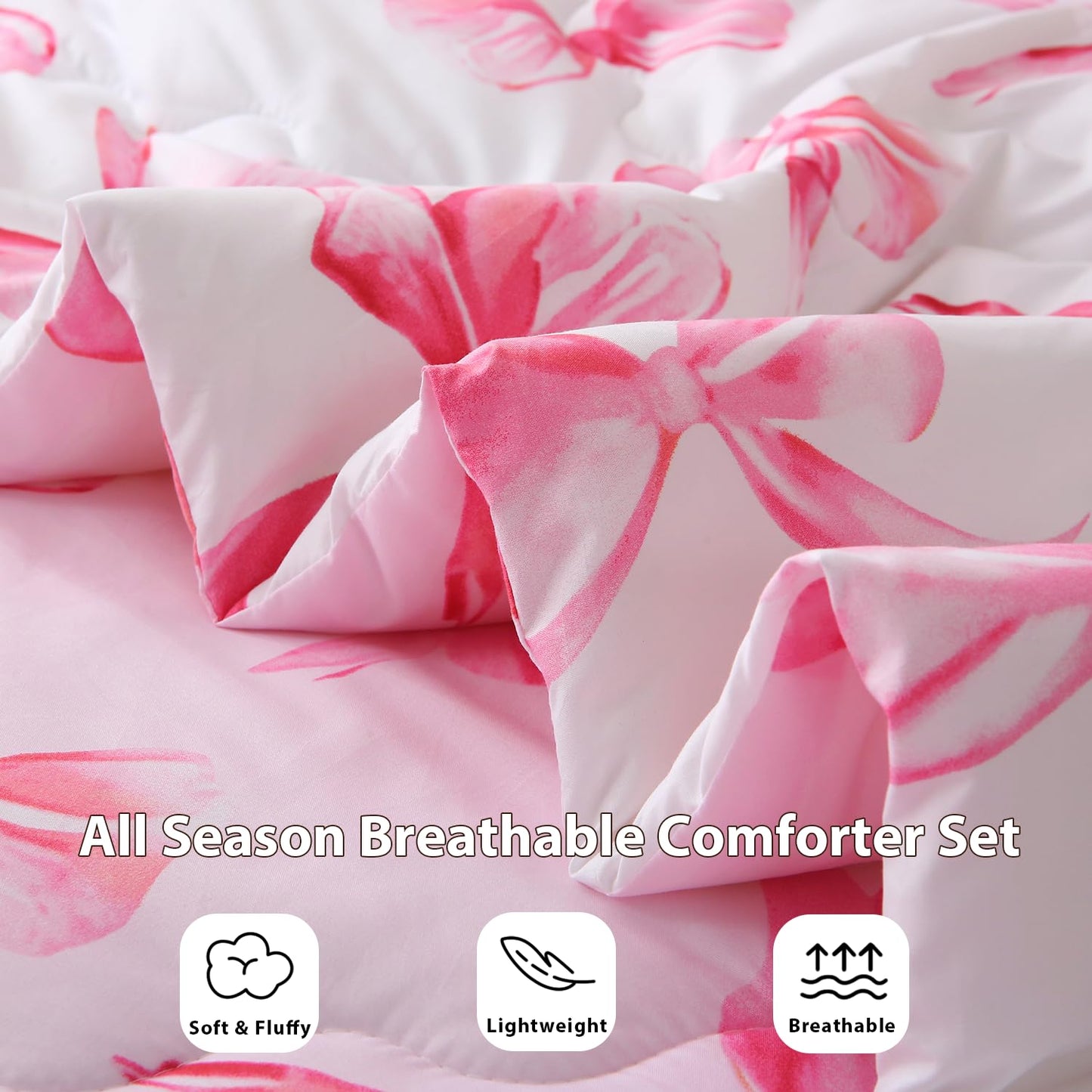Gusuhome Girls Bow Comforter Bedding Set Twin Size 7 Piece Pink Reversible Bowknot Comforter Set Bed in A Bag for Kids Teens All Season (Comforter,Flat Sheet,Fitted Sheet and Pillow Sham)