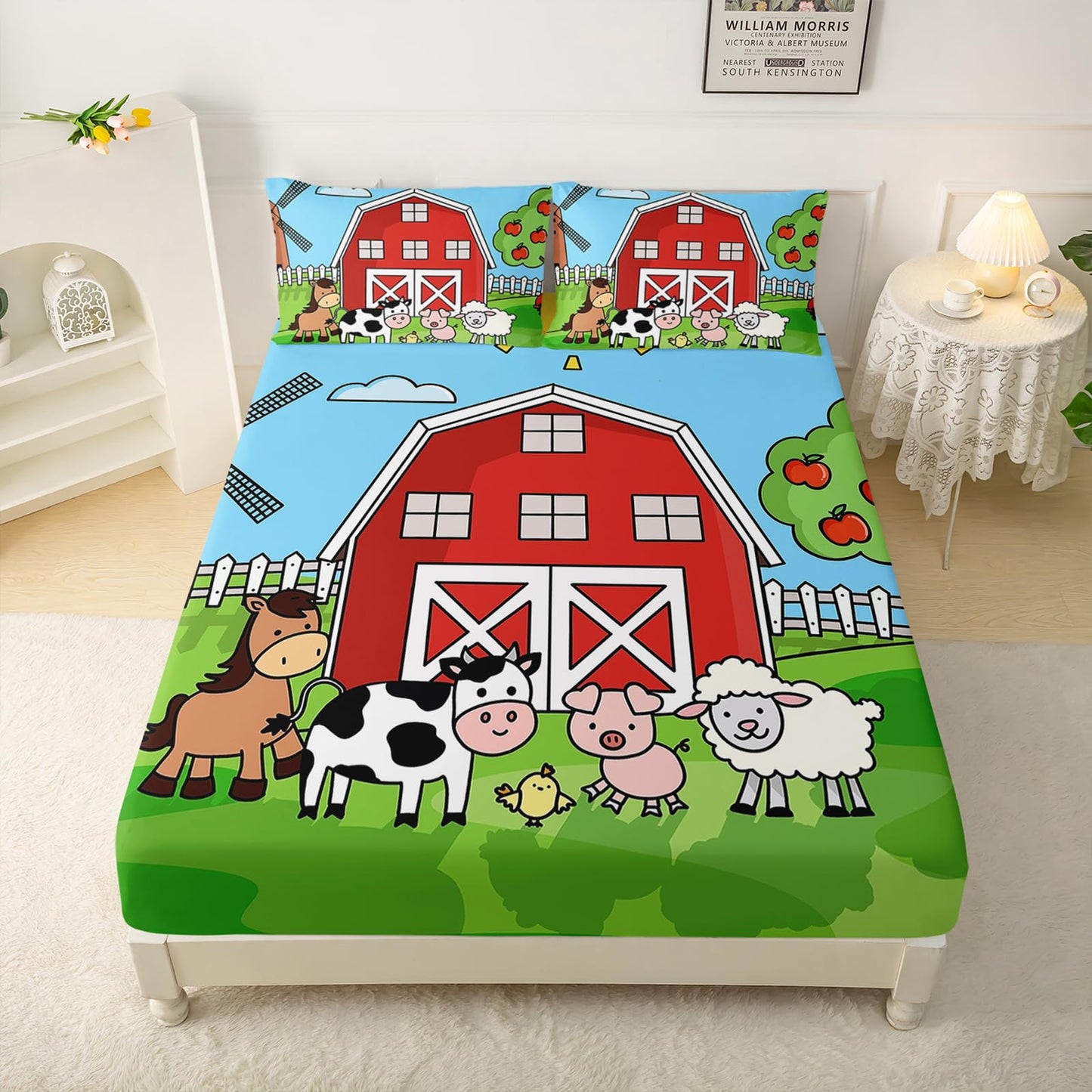QOOMO Farm Animal Sheet Set,Farmhouse Kids Bed Sheets,Cartoon Animals 16" Deep Pocket Bed Sheet Set for Boys/Girls/Kids/Teens，1 Fitted Sheet,1 Flat Sheet and 2 Pillowcases，Twin Size