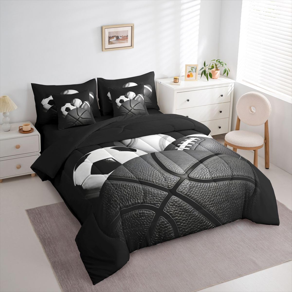 Feelyou Boys Sports Comforter Set Twin Size 7 Pieces Football Baseball Soocer Basketball Bedding Set Kids Black White Bed in a Bag with Sheets, Pillowcases, Cushion Covers Sports Gifts Room Decor Soft