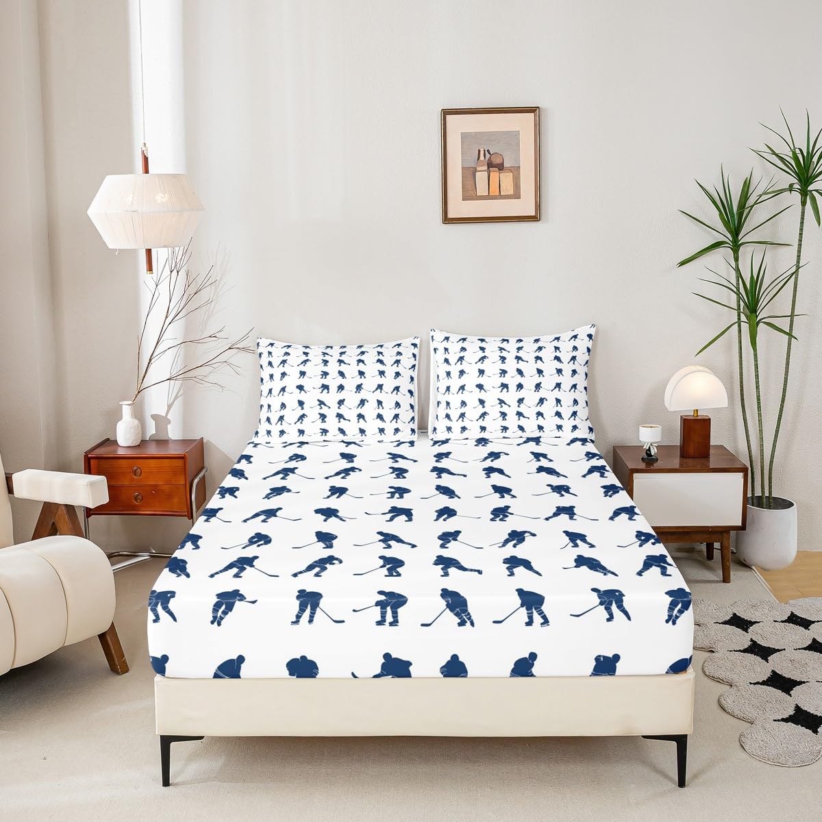 Erosebridal Ice Hockey Sheet Set Full Hockey Player Bed Sheets for Kids Boys Girls Teens Juvenile Sports Game Fitted Sheet Ball Competitive Games Bed Cover Winter Sports Bedroom Decor