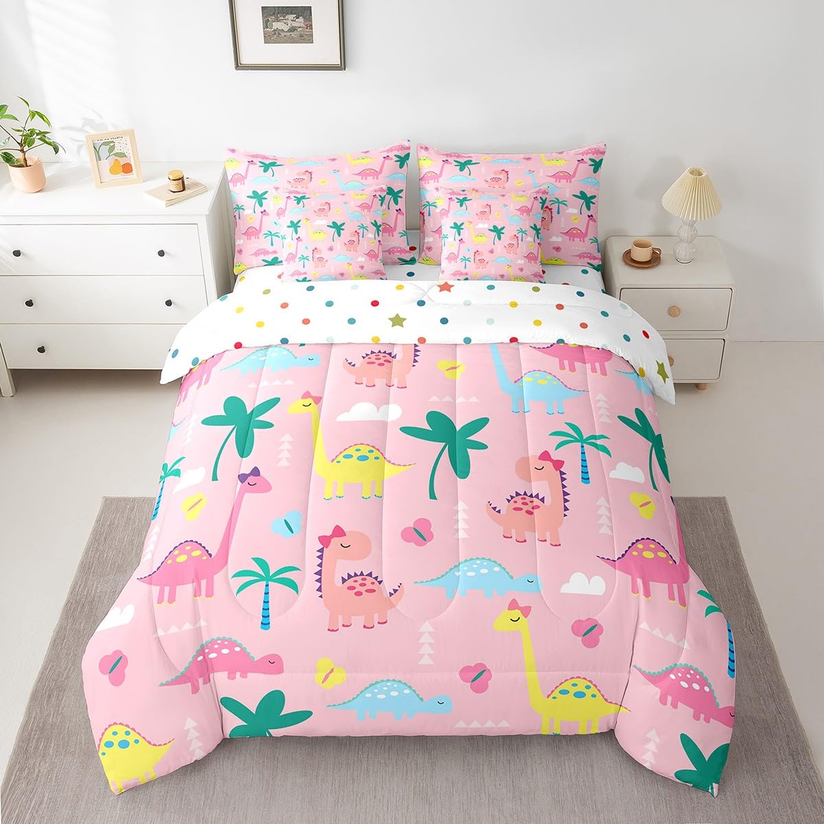 Erosebridal Pink Dinosaur Twin Size Comforter Set with Sheets | Kawaii Palm Leaves Botanical Eucalyptus 7-Piece Bedding Set Jungle Safari Cute Animals Bed in a Bag Colorful Butterfly Bed Quilt Sets