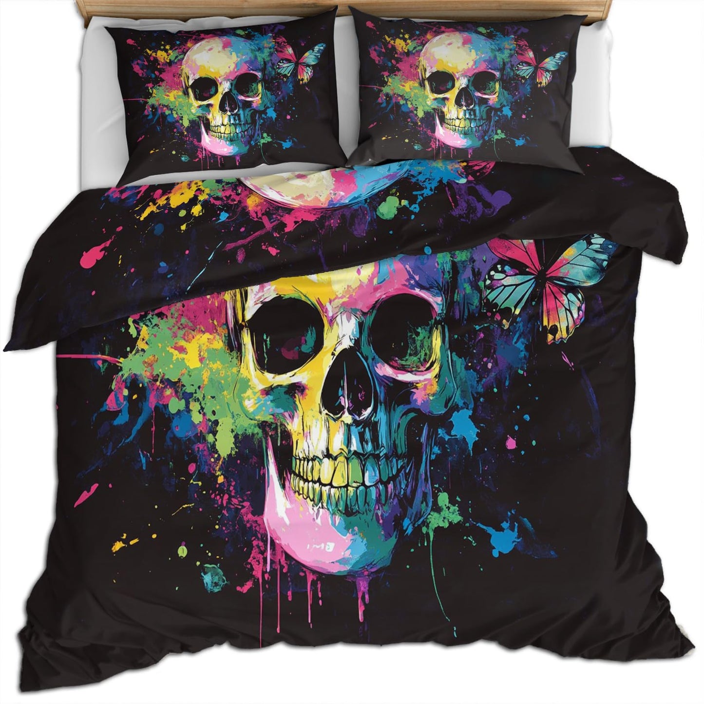 PAISUOQ Gothic Bedding Sets Full Skull Graffiti Comforter Cover with Zipper Ties, Butterfly Hippie Duvet Cover with 2 Pillowcases, 3 Pieces，Bedroom Decor & Gifts