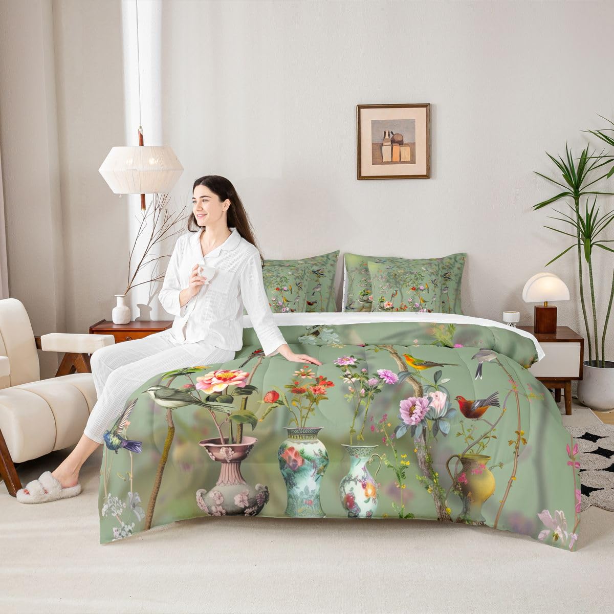 Erosebridal Floral 7 Pcs Bedding Set Queen Retro Chic Leaves Comforter Set with Sheets Vase Porcelain Bed in A Bag Botanical Flowers Bedroom Decor