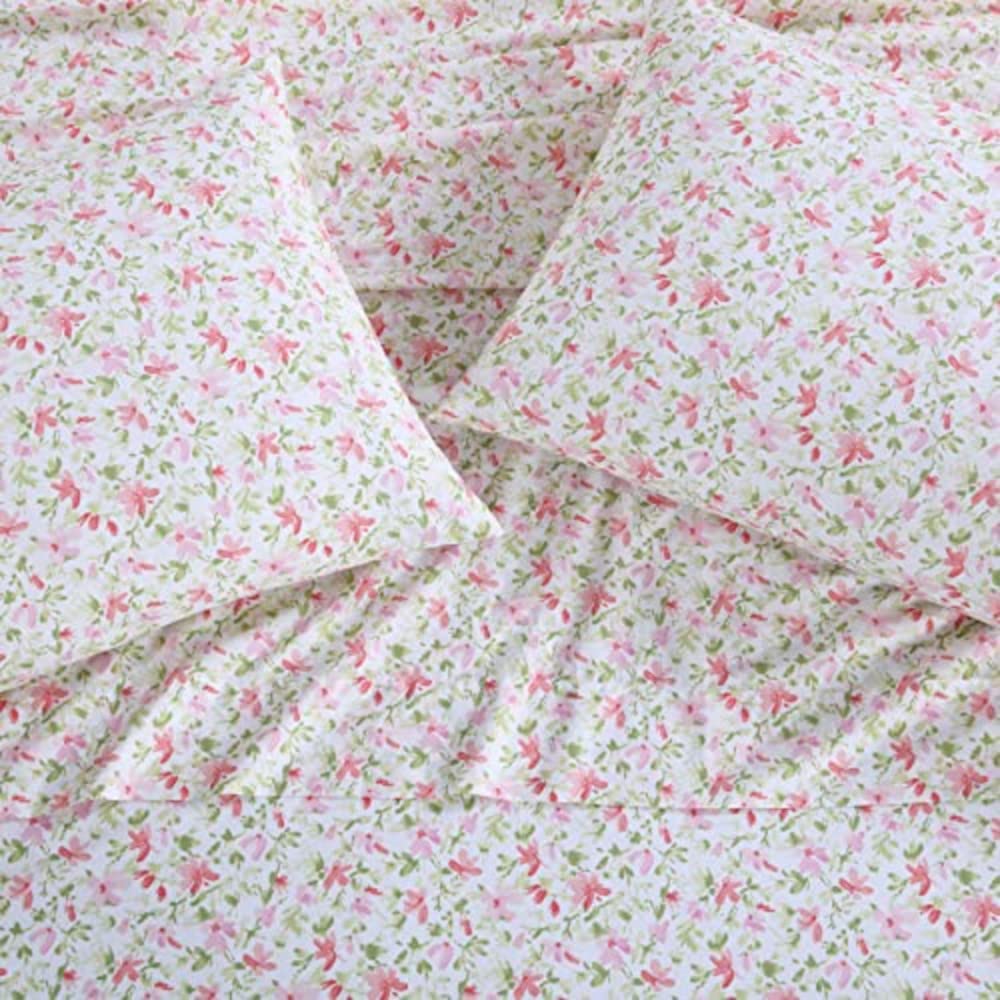 Laura Ashley – Twin Size Sheet Set, Crisp & Lightweight Cotton Percale Bedding with Fitted Sheet and Pillowcase, Floral Room Decor, Deep Pocket, College Dorm Room Essentials (Norella Pink)