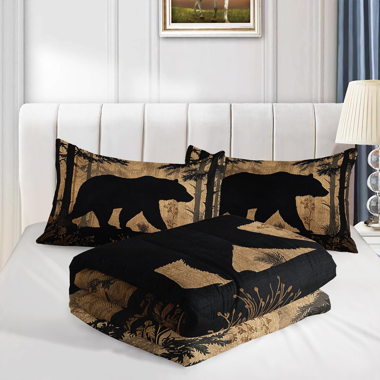 XYNHML Black Bears Hunting Animal Comforter 3Pcs Twin Wildlife Bear Forest Pine Tree Bedding Set for Kid Teen Boy Girl Adult Retro Rustic Bear Plant Quilt Bed Decor with 1 Comforter & 2 Pillowcases