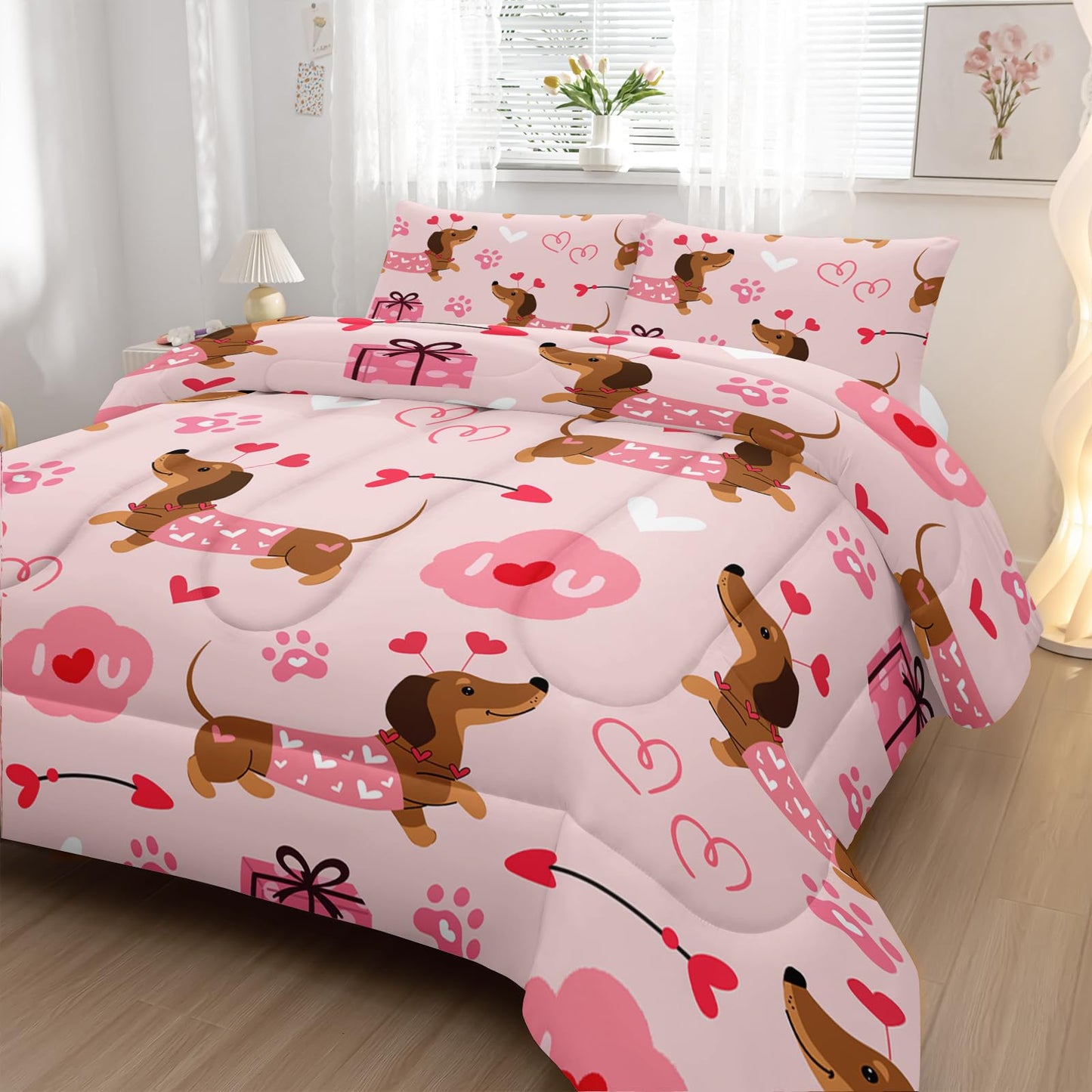 Nttopship Kids Cute Cartoon Dog Comforter Set 3 Piece Dog Bedding Set Twin Size for Kids Cute Pink Dogs Bedding Bed in A Bag Lovely Dog Alternative Room Decor 1 Comforter and 2 Pillowcases