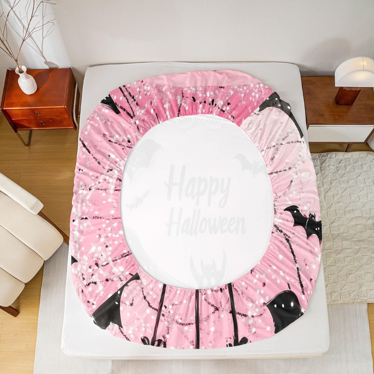 Feelyou Kids Happy Halloween Bed Sheets Set Full Size, Black Bat Bedding Set Boys Girls Pink Sheet Set Spider Web Teens Bedroom Decor Microfiber Soft Bed Set