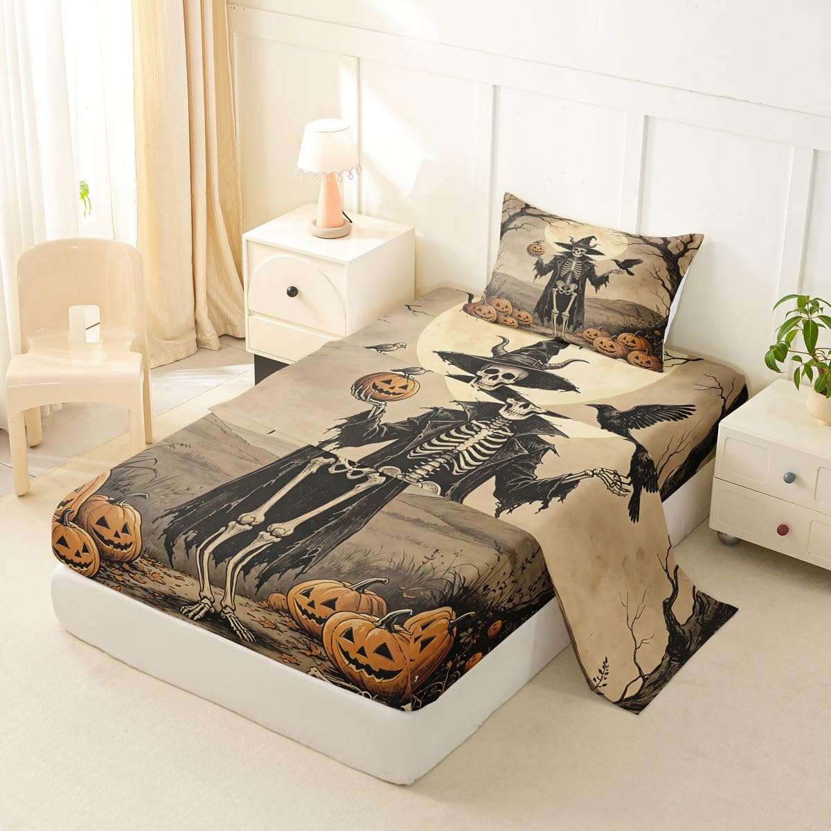 Erosebridal Halloween Skeleton Bed Sheets Twin Size Raven Full Moon Sheet Set Kids Adults Harvest Pumpkin Bedding Set Rustic Spooky Western Art Sheets