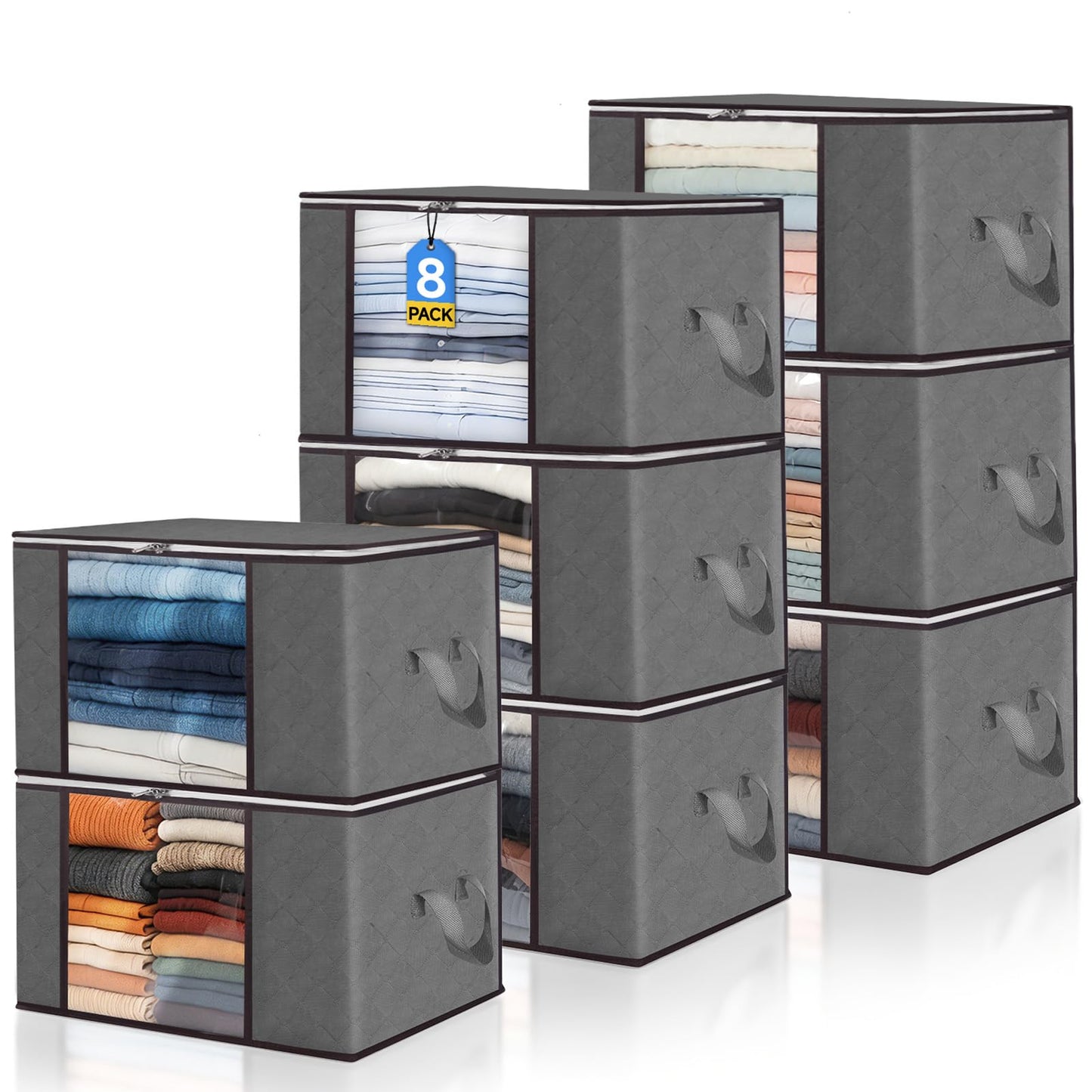 Pterying 8Pack Closet Organizers and Storage Bags with Clear Window & Reinforced Handle, Foldable Clothes Storage Bins with Zippers for Comforter, Blankets, Bedding