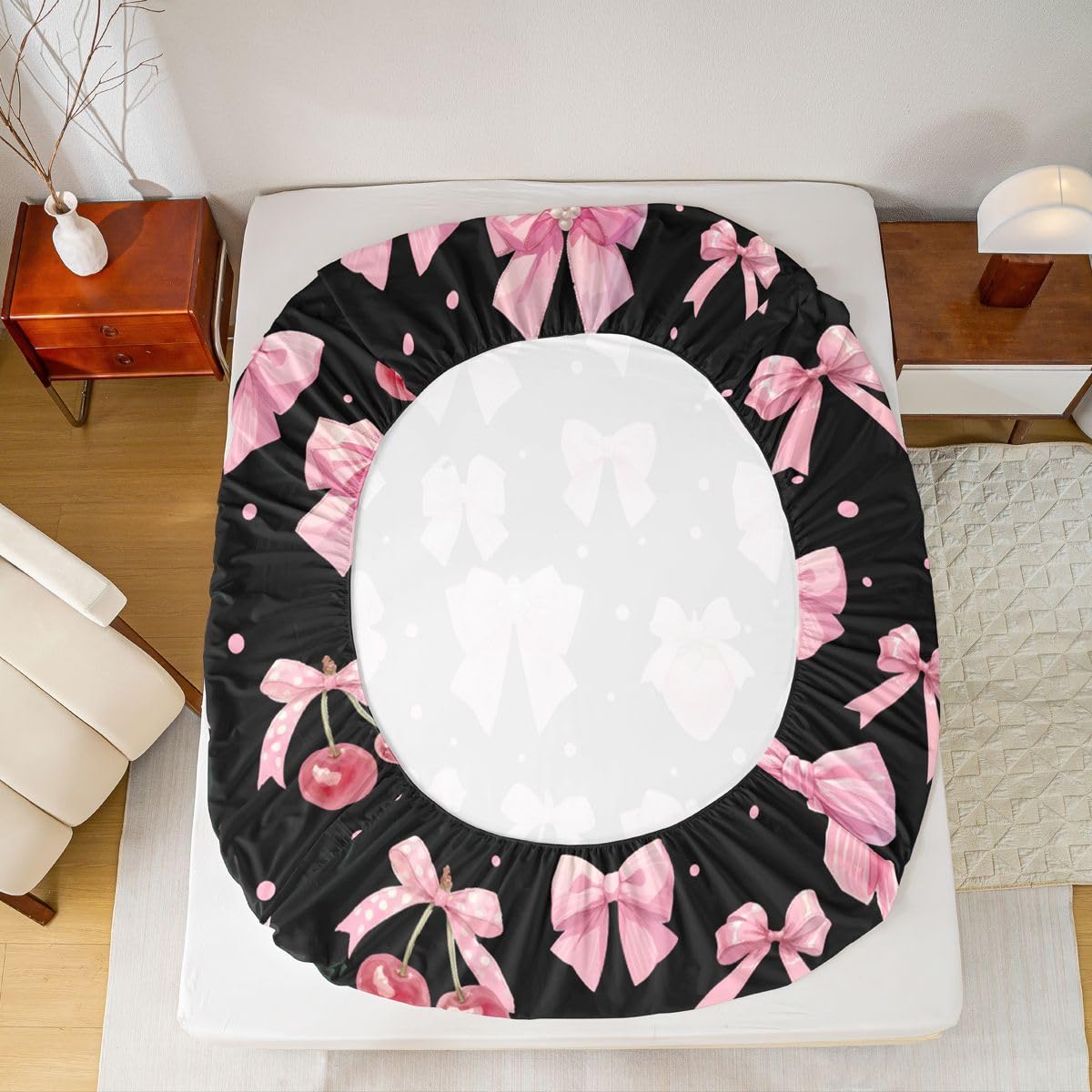 jejeloiu Black Pink Cute Strawberry Bow Fitted Sheet Twin Size for Kids Boys Girls Dreamy Princess Bowknot Bed Sheets Set 16" Deep Pocket Kawaii Coquette Bow Bedding with 1 Pillowcase Room Decor