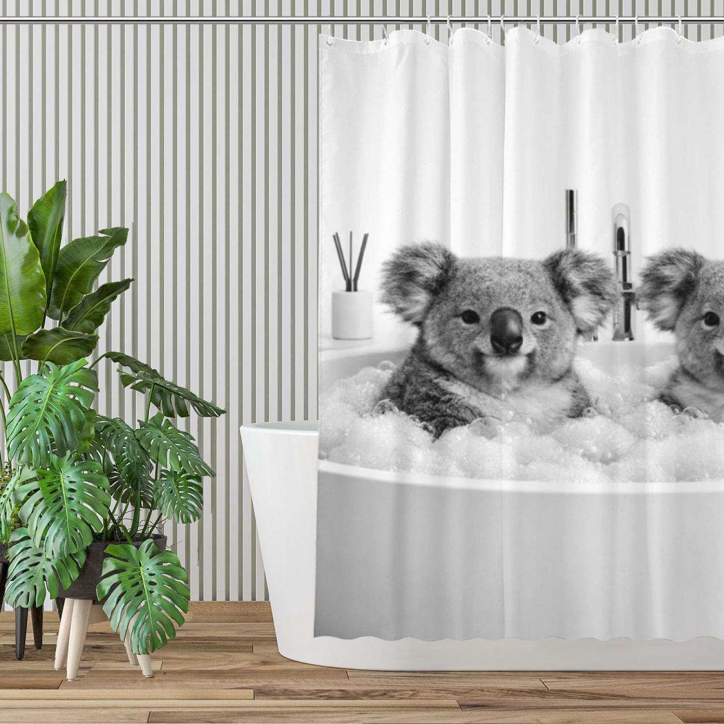 REZHOCH Modern Minimalist Funny Koala Shower Curtain 72x72 Inch, Luxury Black and White Cute Animals in Bathtub Bubbles Bathroom Decor,Waterproof Fabric Bath Set with Hooks