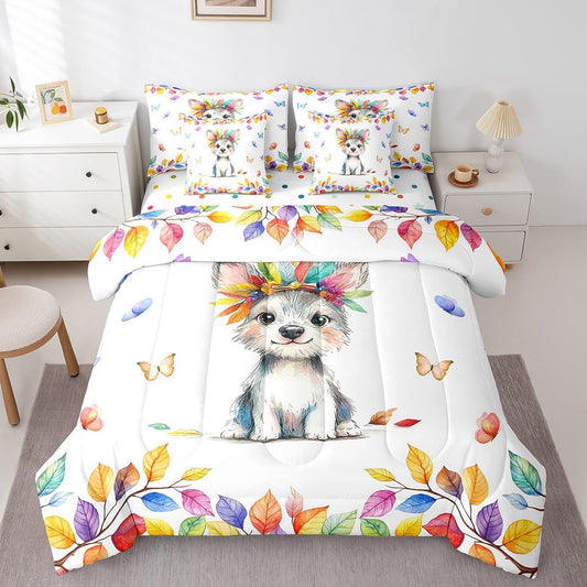 7 Pieces Cute Dog Queen Size Comforter Set for Kids Kawaii Animal Bedding Comforter Sets, Colorful Leaves Bedding Set Chic Butterfly Bed in a Bag, Rainbow Polka Dots Reversible Bedding Sets