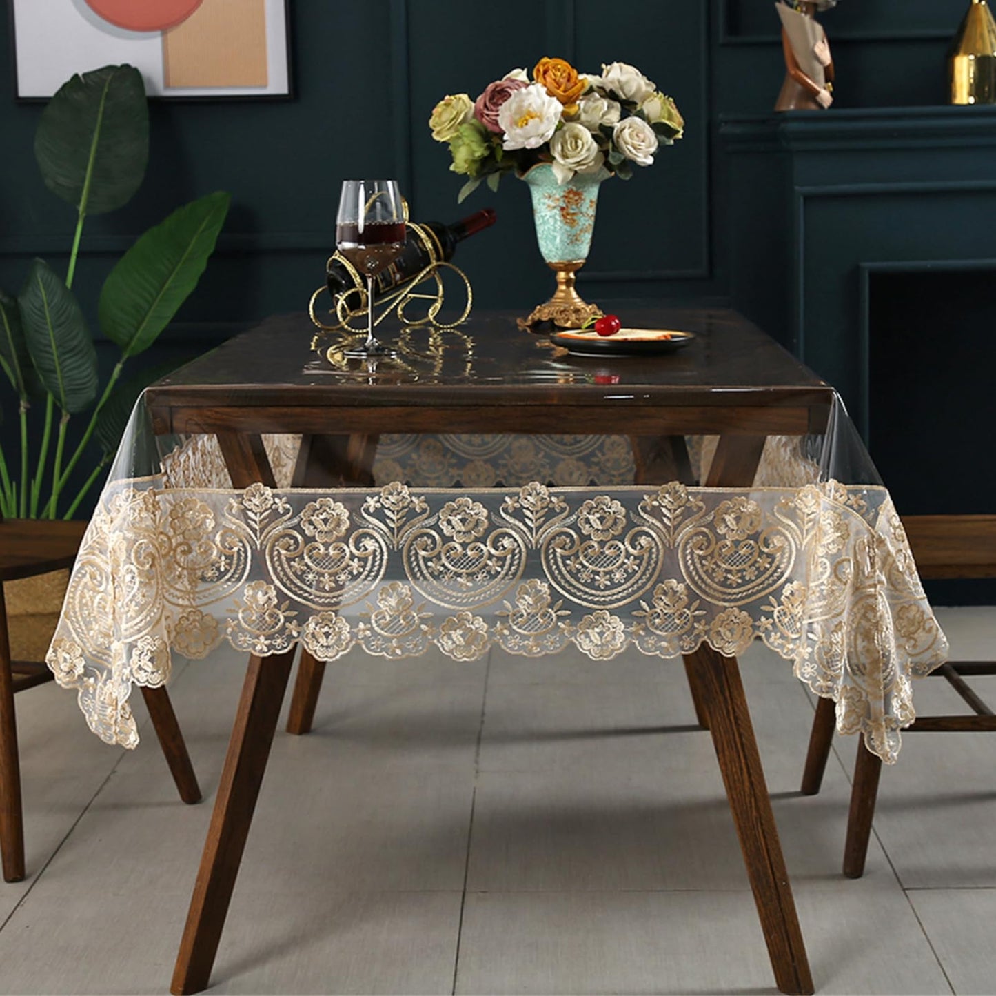 Clear Plastic Rectangle Tablecloth Vinyl Waterproof Table Cloth Embroidered Lace Edge Transparent Table Cover for Dining Kitchen Outdoor(52 x 70 inch, Coffee Style 1)