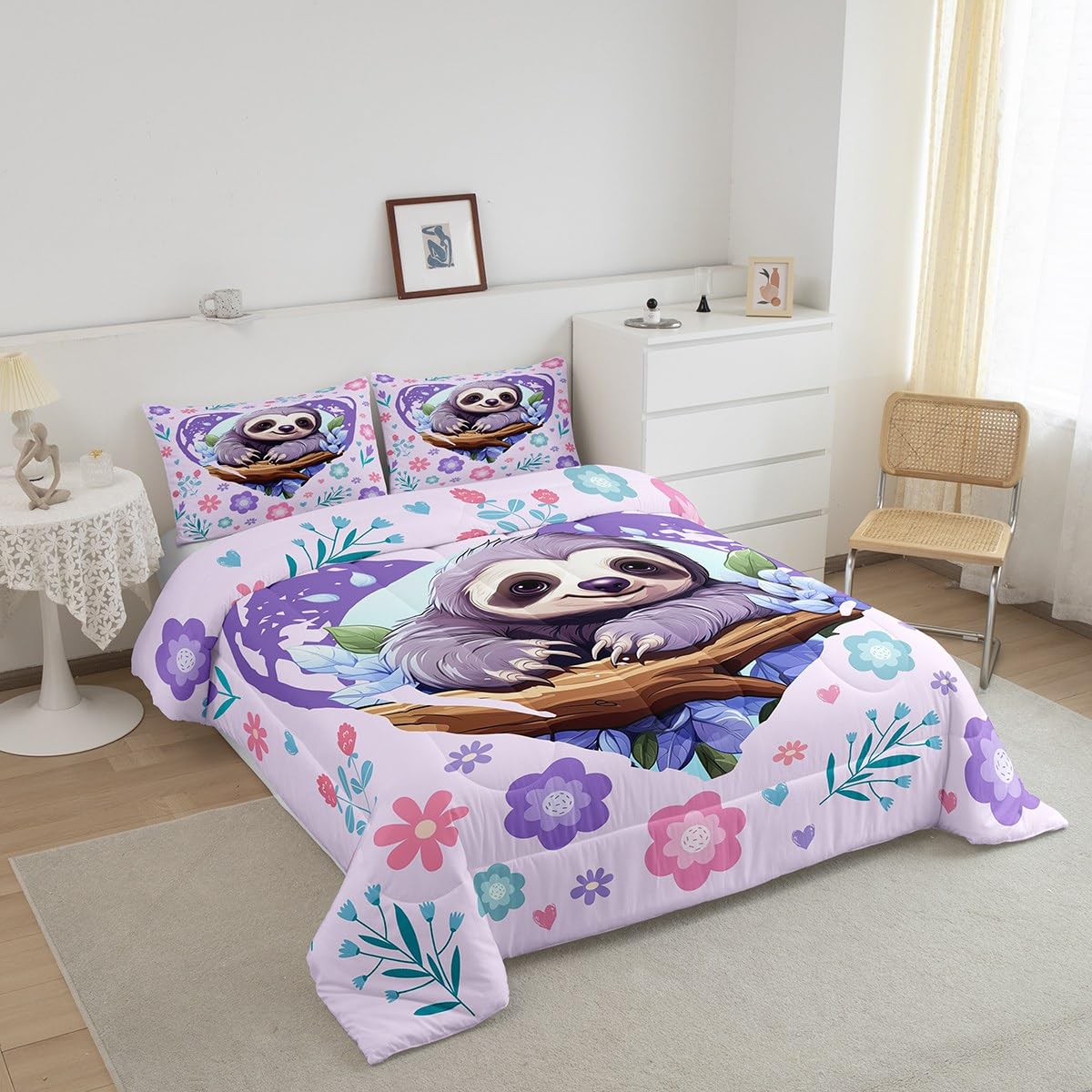 Manfei Cute Sloth Comforter Set,Kawaii Wild Animal Jungle Branch Bedding Set Kids Teens Modern Decor,Nature Flowers Leaves Graffiti Purple Comforter with 1 Pillowcase for All Seasons,Twin