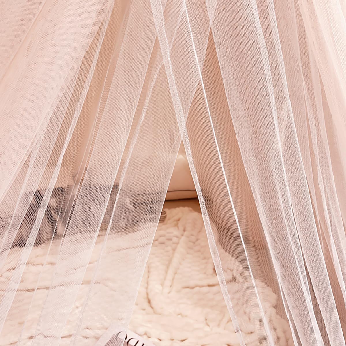 Kertnic Dreamy Bed Canopy for Girls, Princess Canopy Curtains Double Layer Sheer Mesh, Adults Canopies Netting Room Decor Tent Mosquito Net for Queen King Bed (Double Layer-Beige Pink)