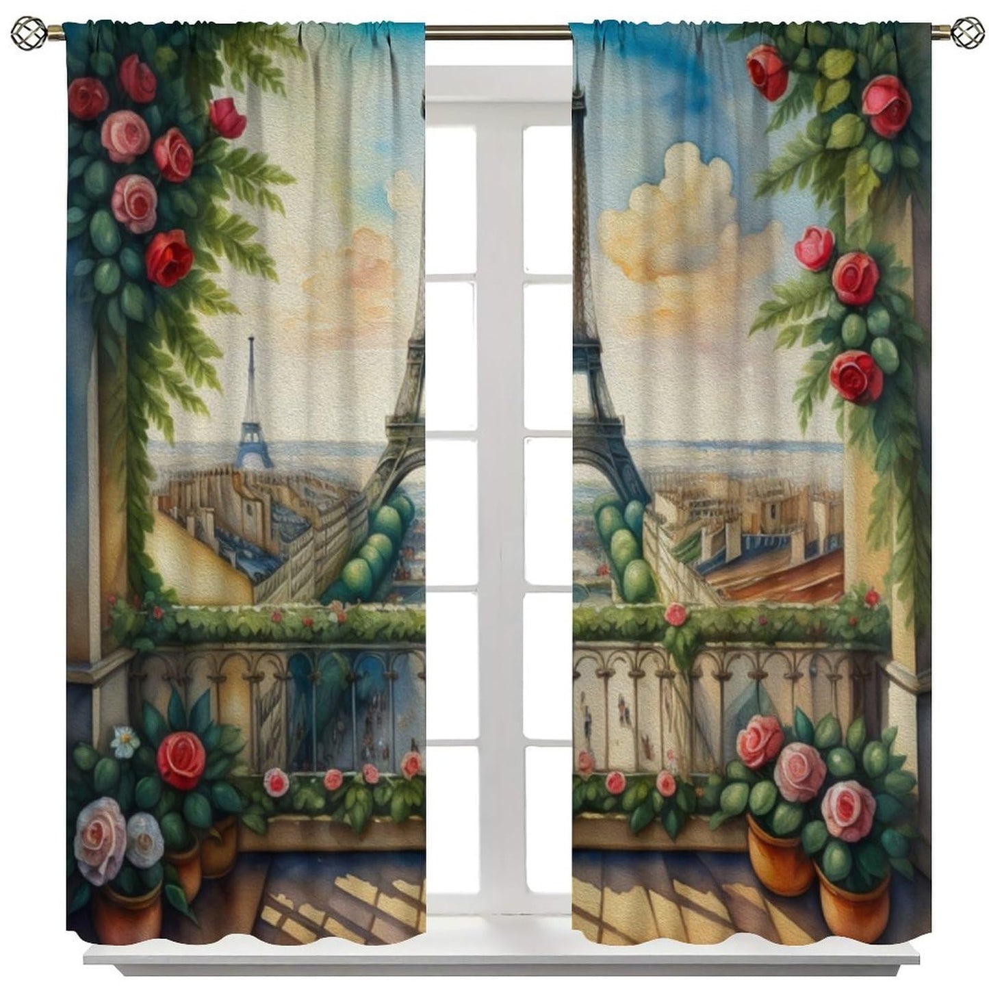 Wallira Paris Eiffel Tower Scene Curtains,Cityscape Rural Oil Painting Landscape Rose Decor Rod Pocket Window Treatments for Girl Women Aldult Bedroom Living Office Restaurant Drapes 41" W X 45" L