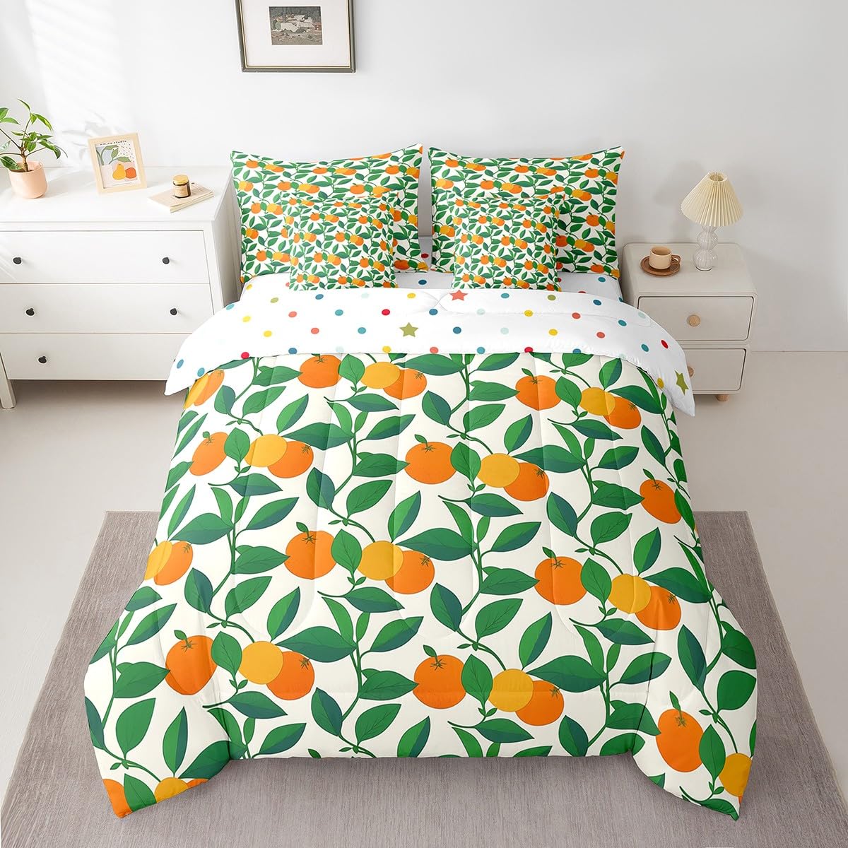 Orange Full Size Bed Sheets and Comforter Set,Kawaii Fruit 7 Piece Bedding Set Green Plant Leaves Bed in a Bag,Tangerine Orange Tropical Botanical Bed Sets