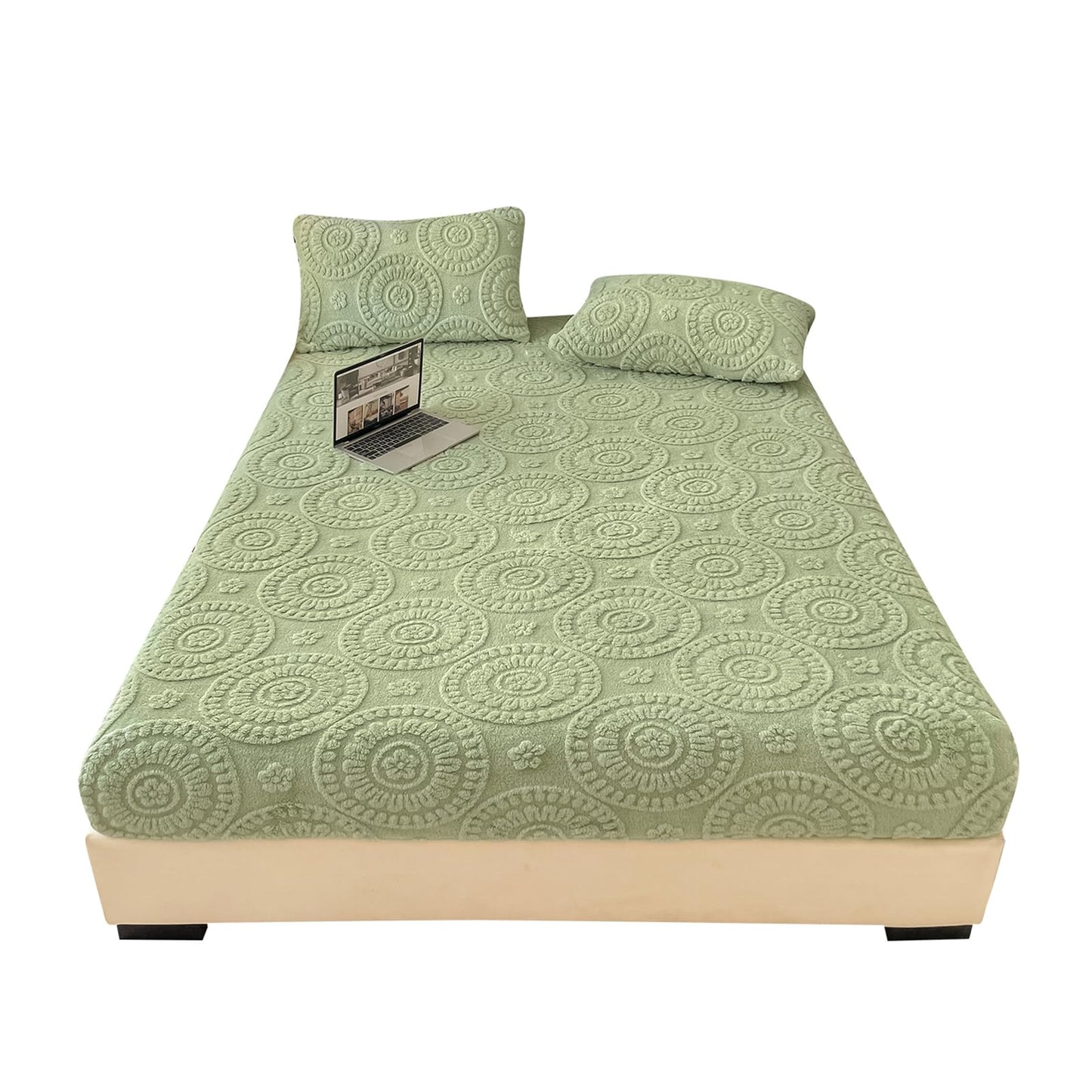 LweiPsqLin Twin Fitted Sheet Only - Deep Pocket Fluffy Velvet Fitted Bed Sheet - Ultra Soft, Wrinkle & Fade Resistant, Boho Floral Pale Green Bedding