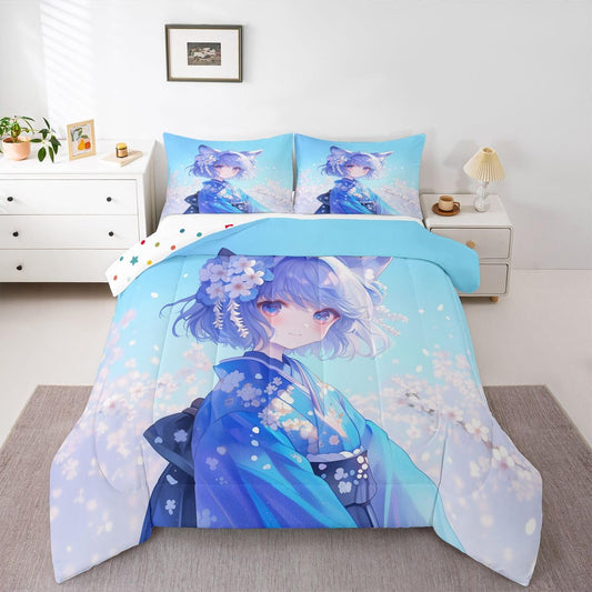 Erosebridal Kawaii Japanese Girl Comforter Set Twin, Anime Gifts Bedding in Kimono Japanese Style Bedding Sets for Room Aesthetic Cool Anime Modern Art Duvet Set for Guys Bedroom Kawaii Room Decor