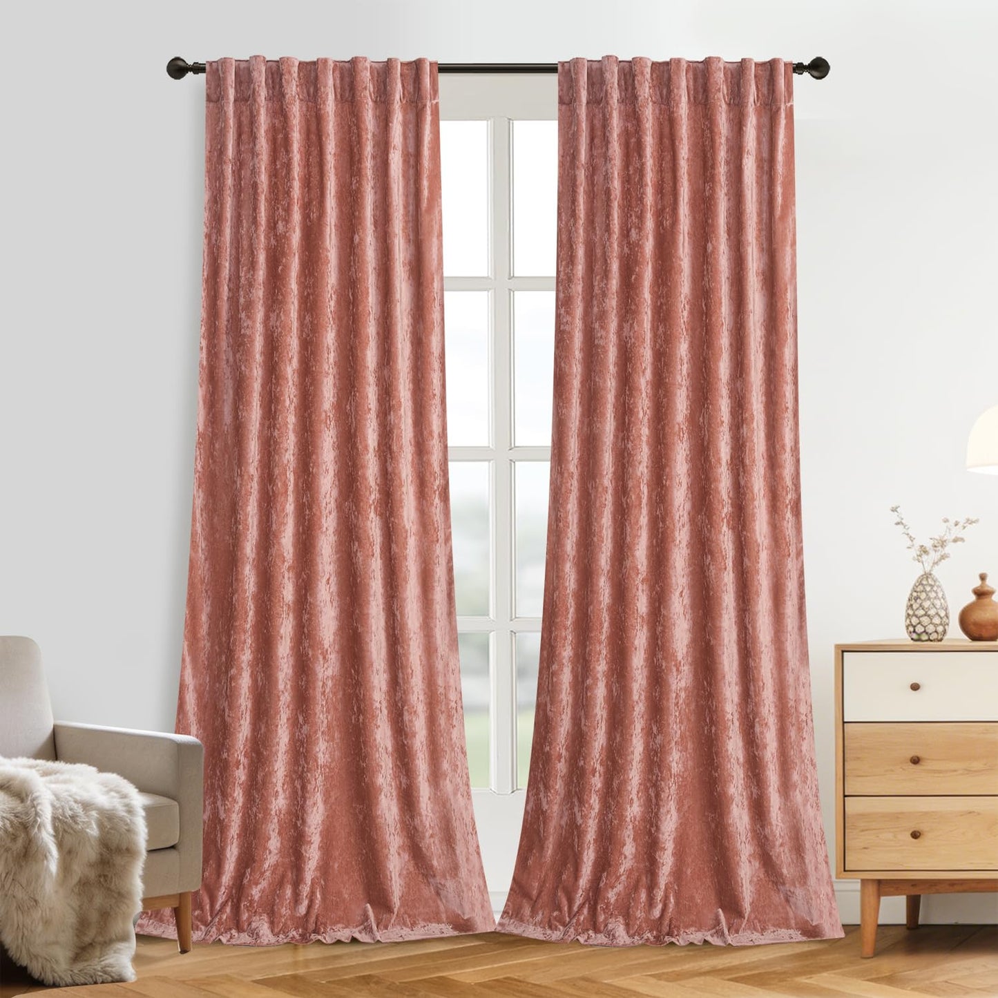 Roslynwood Crushed Luxury Velvet Blush Pink Curtains for Bedroom 84 inches Long, Thermal Insulated Window Drapes Back Tab for Living Room/Dining Room, W52 x L84, 2 Panels