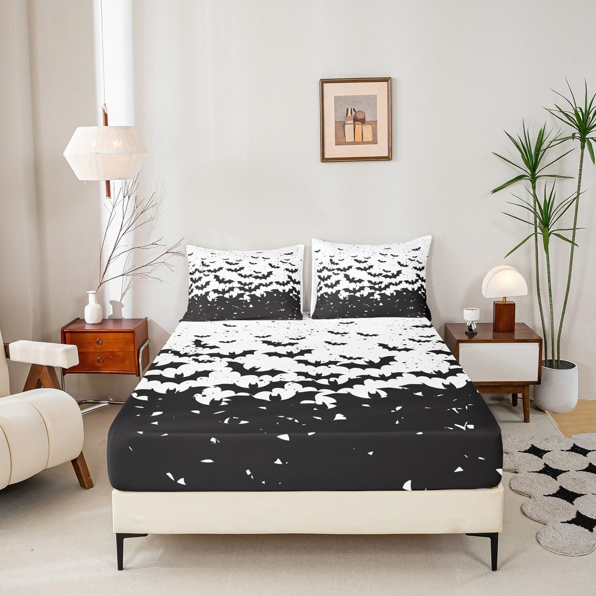 Black Bats Kids Sheet Full Size,Happy Halloween Before Christmas Bedding Set,Boys Girls Adults Room Decor,Halloween Holiday Black White Simple Bed Sheet Set 4pcs(Fitted + Flat + 2 Pillowcases)