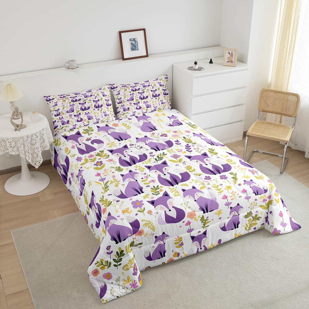 Feelyou Purple Fox Comforter Set Twin Size Kids Cute Cartoon Fox Bedding Set for Boys Girls Teens Animal Floral Comforter Breathable Woodland Fox Duvet Set Nature Wildlife Quilt Set