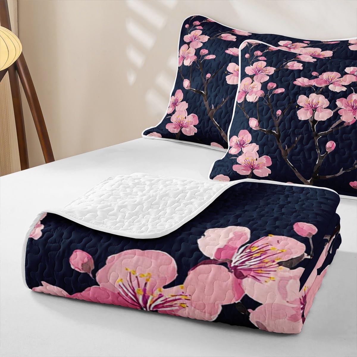 Erosebridal Girl Cherry Blossoms Quilt Set Queen Japanese Style Quilt Pink Flowers Bedding Coverlet Branches Plant Floral Bedspread